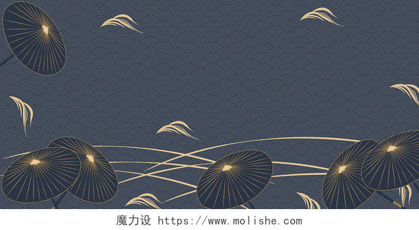 蓝色和风手绘扁平插画日式边框展板背景